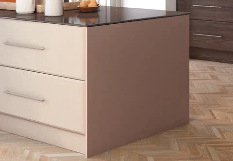 Kitchen countertop cabinet. Black top panel and cream fronts.